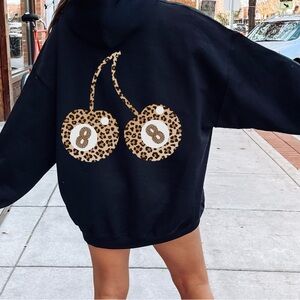 Obsessive Love Black Crewneck Sweatshirt Leopard Print 8-ball Cherry Design L